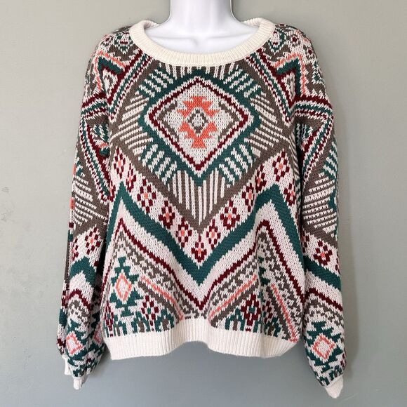 Womens L Sweater Fair Isle Knit Aztec Warm Cozy Retro Indie Boho Apres Fall Ski - Picture 1 of 7